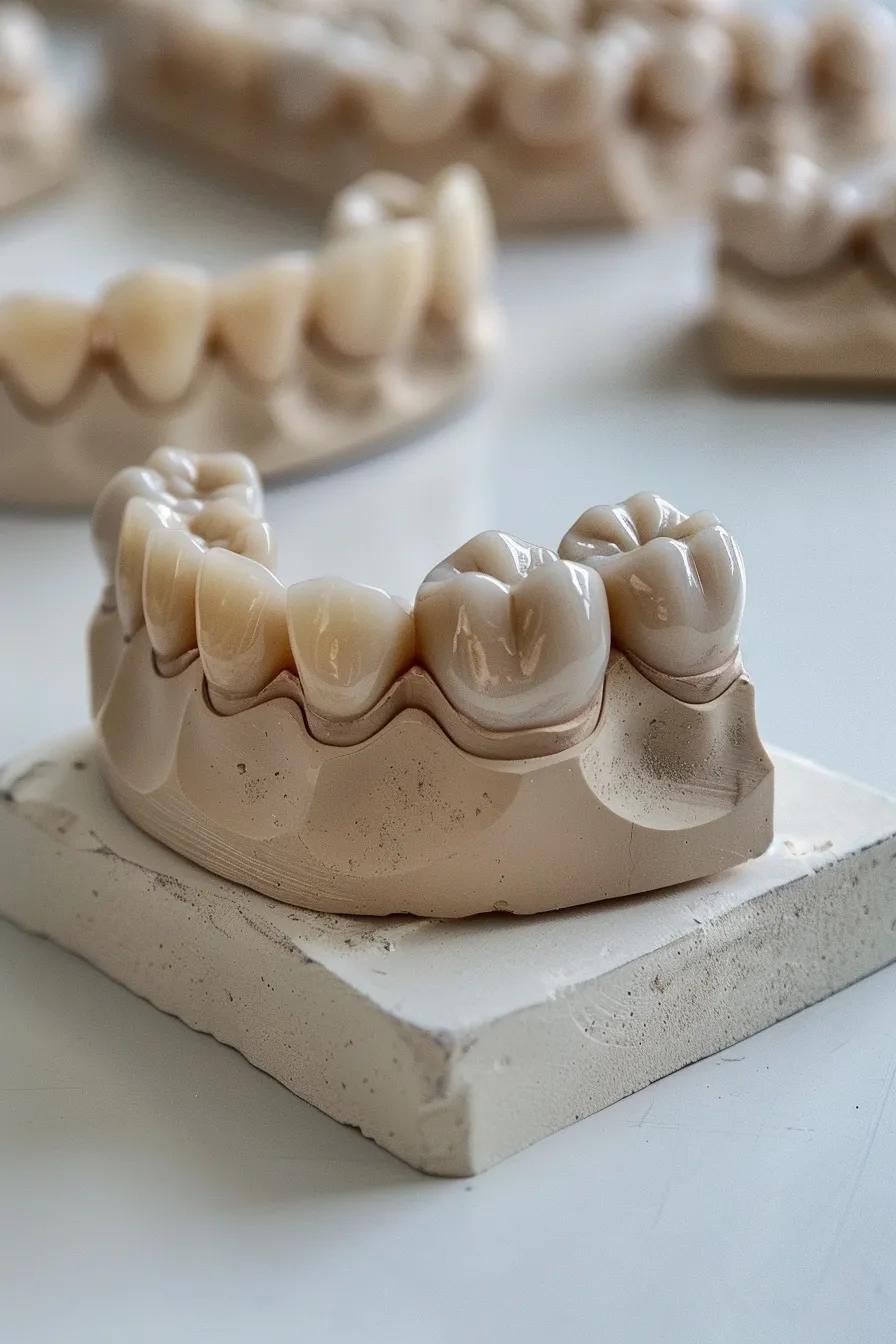 Prótesis dentales de cerámica en un molde, destacando su diseño estético y precisión, representando los servicios de La Clínica Dental en Bogotá.