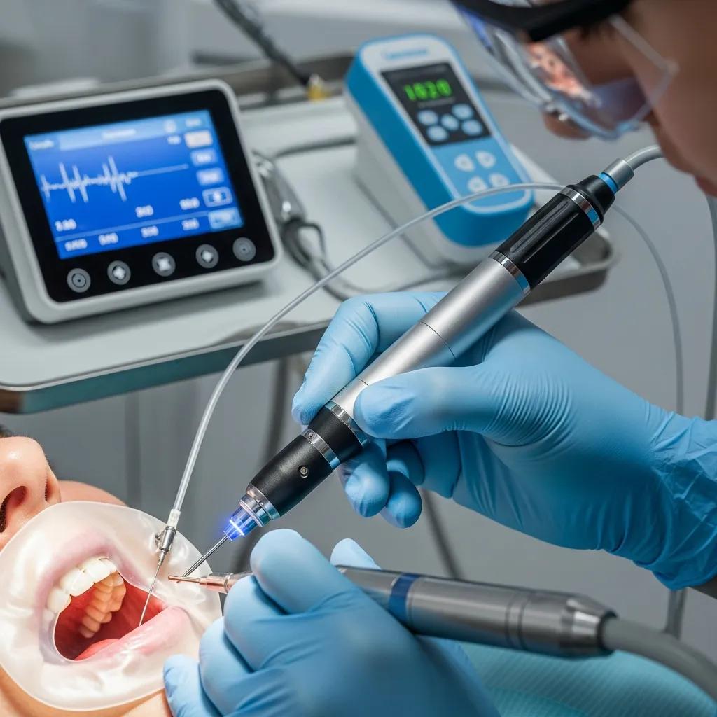 Médico dental utilizando tecnología avanzada para procedimientos mínimamente invasivos y sin dolor, con anestesia digital y monitoreo de signos vitales en La Clínica Dental del Country.