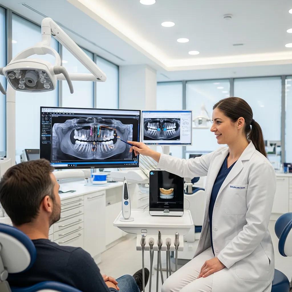 Médico dental explicando radiografías digitales a paciente en clínica moderna, destacando atención personalizada y tecnología avanzada en tratamientos odontológicos.