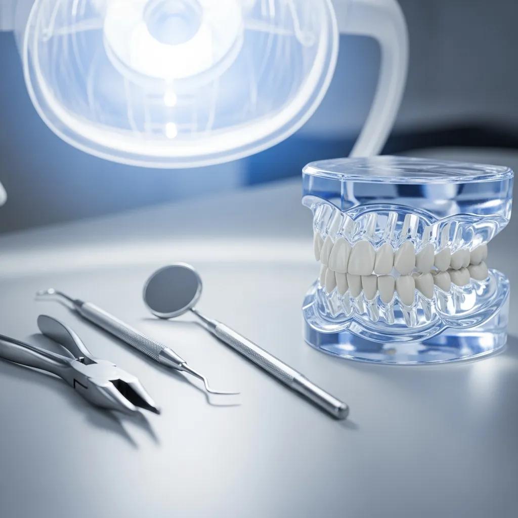 Modelo dental transparente con dientes alineados, herramientas de odontología como pinzas, espejo y explorador, bajo luz de consulta, ilustrando los beneficios de la ortodoncia correctiva en salud bucal.
