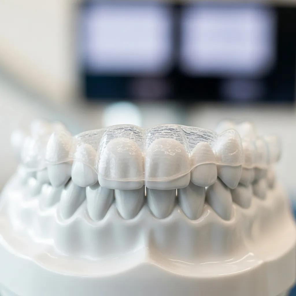Modelo dental con alineadores transparentes de Invisalign mostrando su dise&ntilde;o