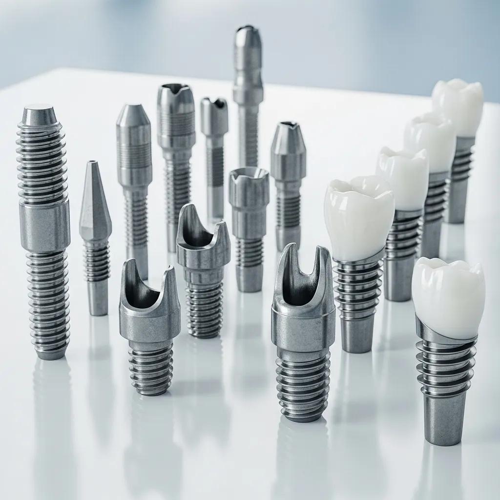 Detalle de implantes dentales: opciones en titanio y zirconia para restauraci&oacute;n dental