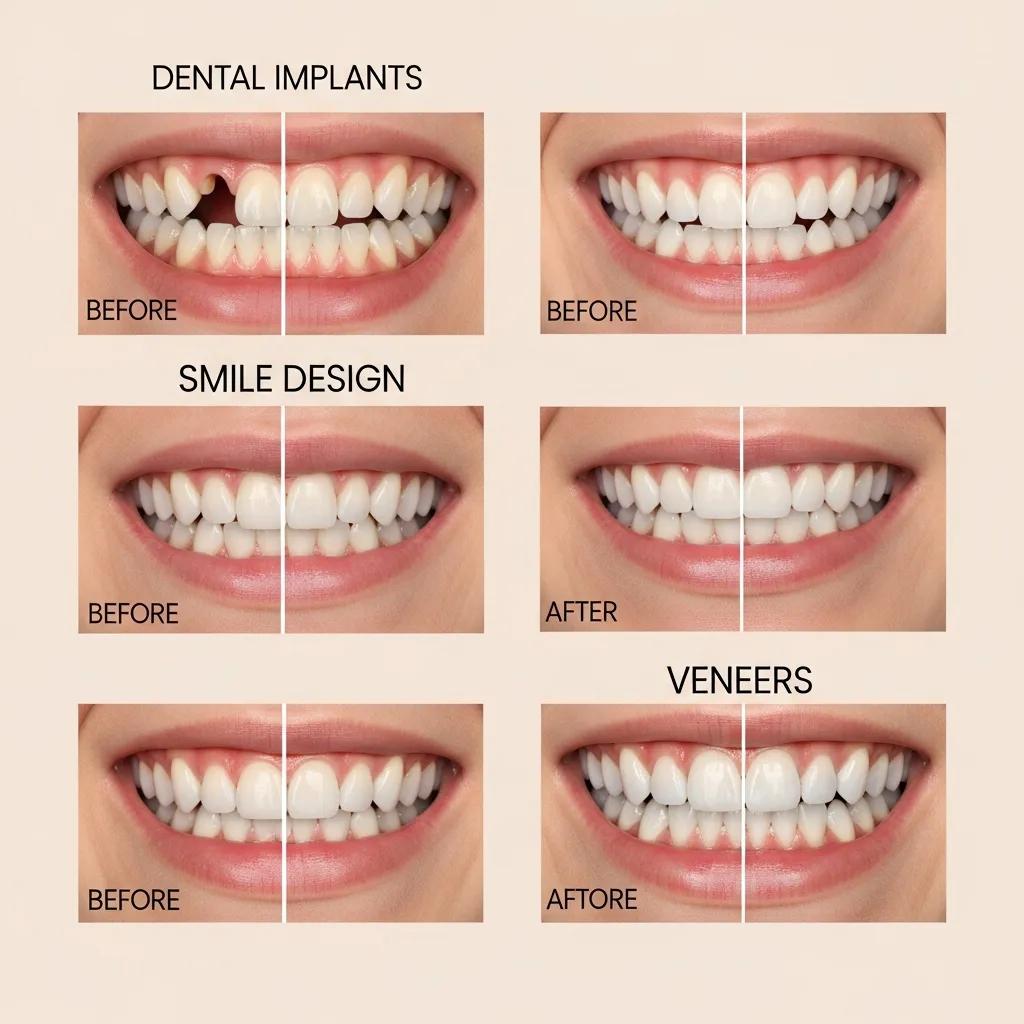 Collage de tratamientos dentales populares: implantes dentales, diseño de sonrisa y carillas, mostrando transformaciones estéticas antes y después.