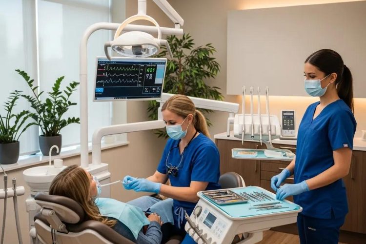 Consulta dental en La Clínica Dental, paciente recibiendo tratamiento, profesionales en equipo moderno, sedación consciente, ambiente cómodo y profesional.