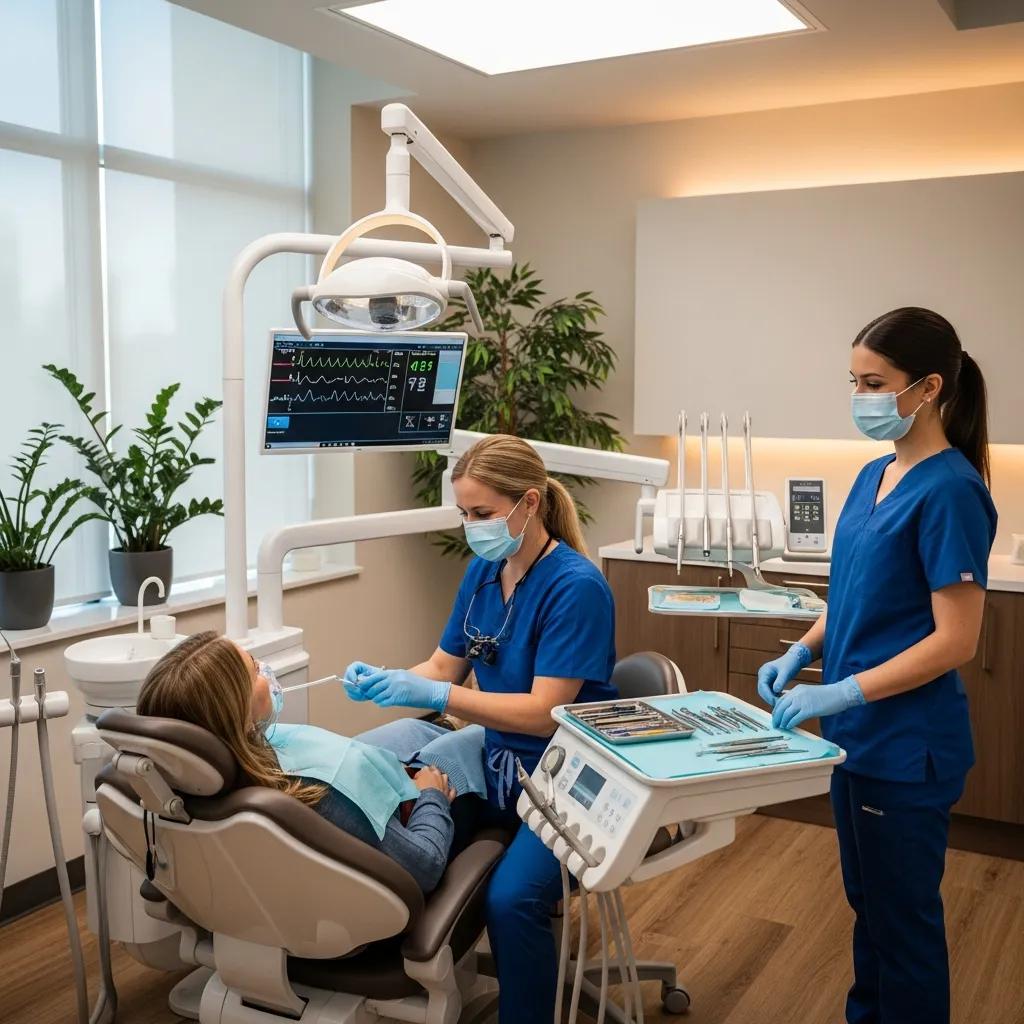 Tratamiento dental cómodo con sedación consciente en clínica moderna, profesionales en acción, paciente relajada en sillón dental.