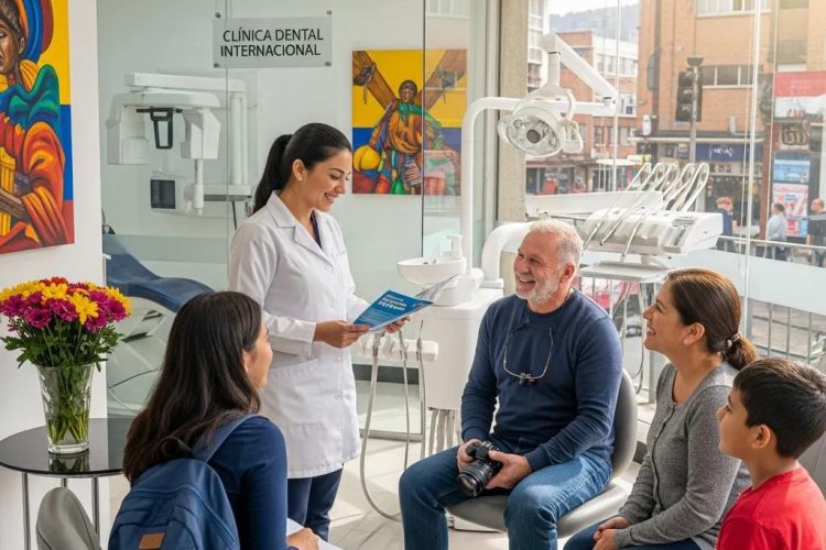 Dental clinic in Bogotá with a dentist and international patients, highlighting quality dental care