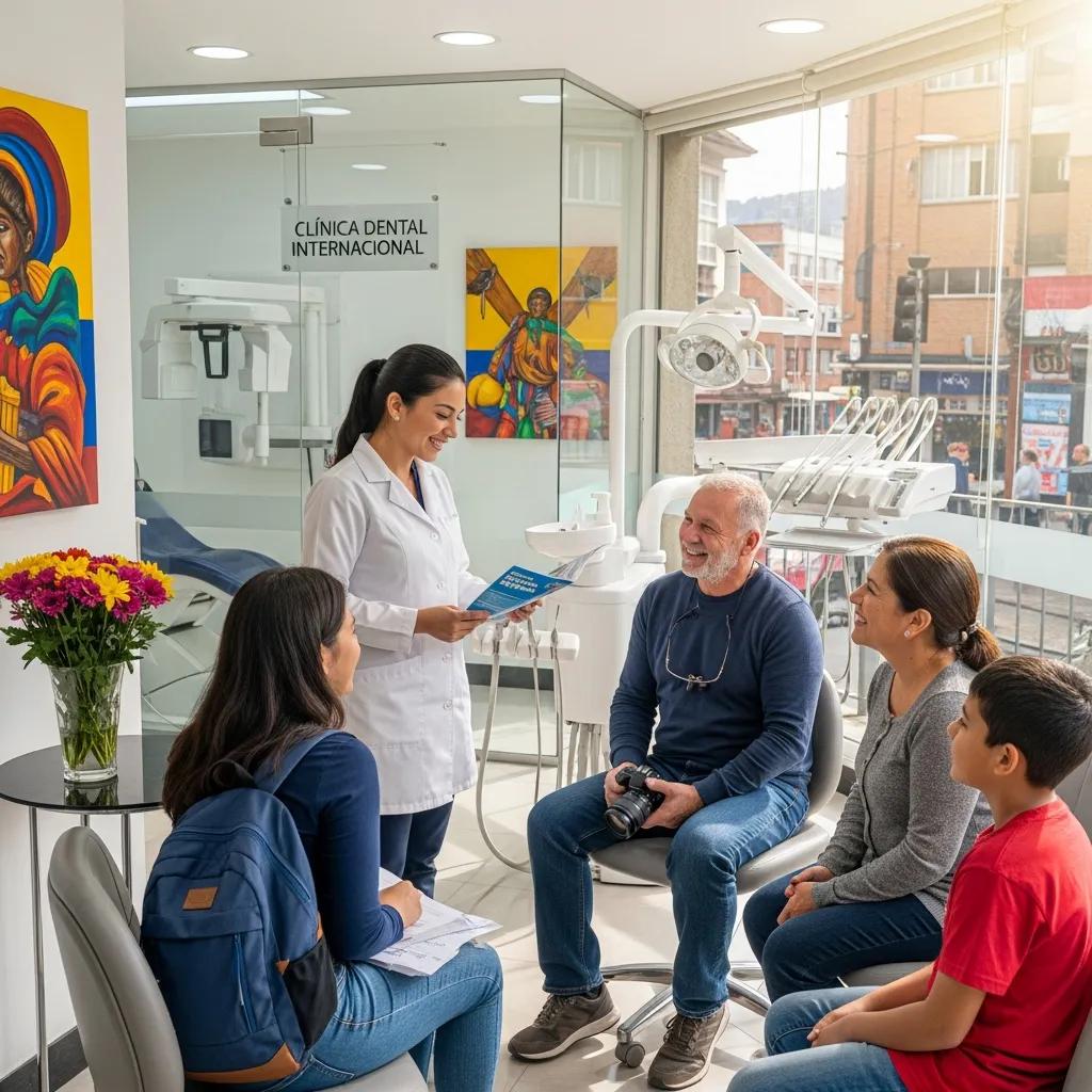Médico dental explicando tratamientos a pacientes internacionales en La Clínica Dental Internacional en Bogotá, con un ambiente acogedor y arte colorido en las paredes.