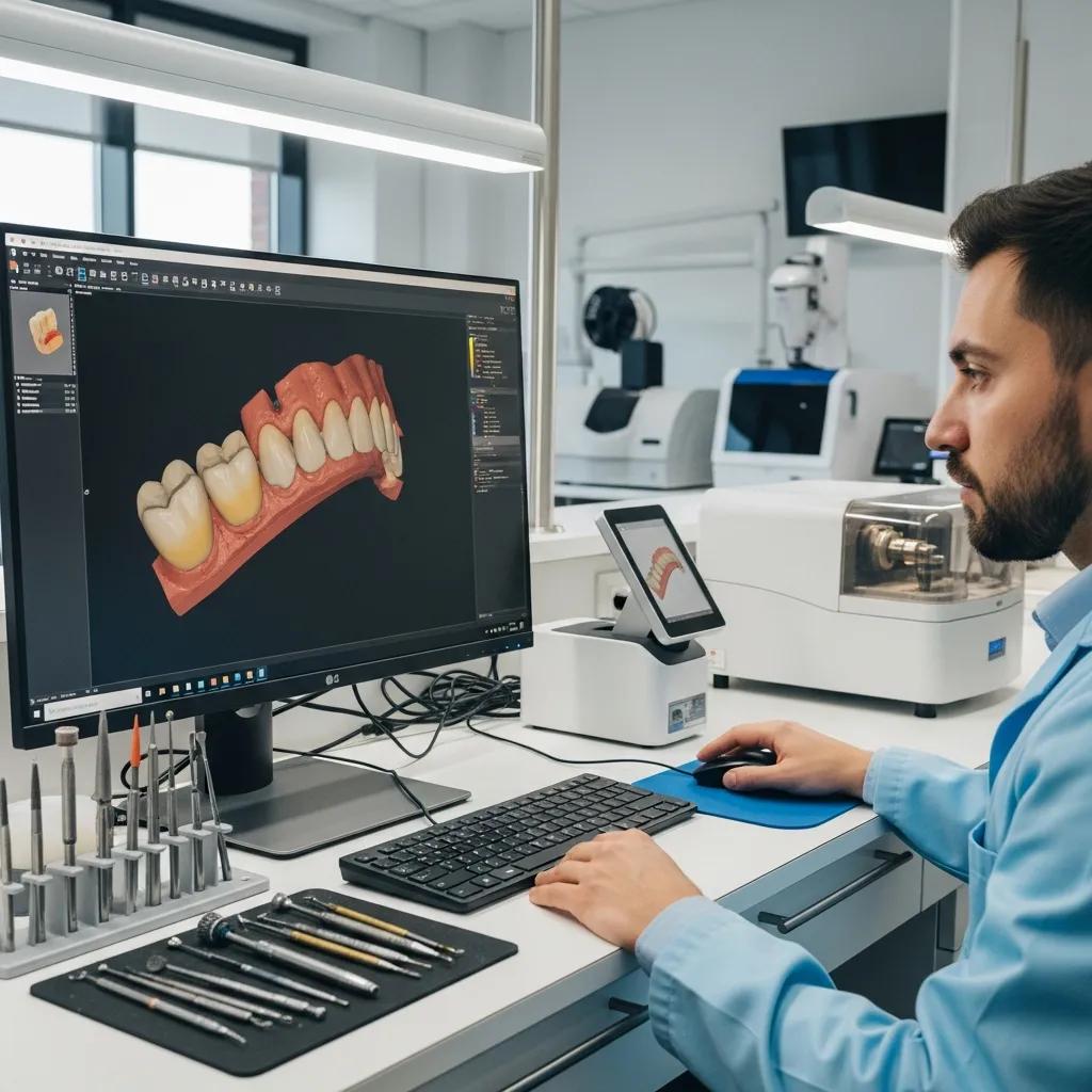 Técnico dental utilizando tecnología CAD/CAM en un laboratorio moderno, trabajando en un modelo 3D de una prótesis dental.