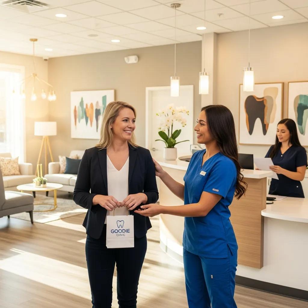 Paciente sonriente recibiendo atención en clínica dental, con personal en uniforme azul y ambiente acogedor, simbolizando tratamientos dentales sin dolor y sedación consciente.