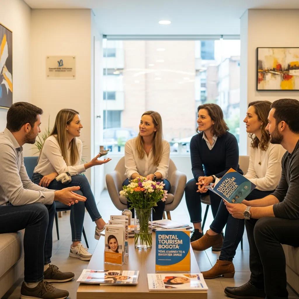Pacientes internacionales compartiendo su experiencia de turismo dental en un ambiente c&oacute;modo de cl&iacute;nica