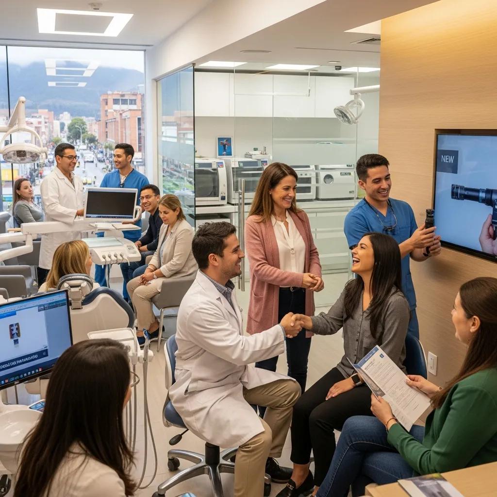 Pacientes internacionales interactuando con profesionales dentales en una clínica moderna de Bogotá, destacando los beneficios del turismo dental y la atención personalizada.