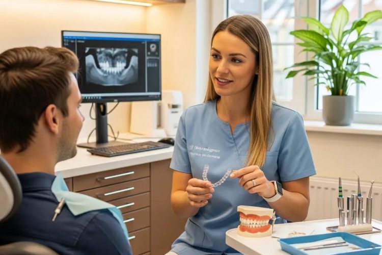 Consulta de Invisalign en clínica dental, ortodoncista explicando tratamiento a paciente con modelo de dientes y alineador.