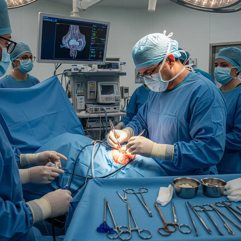 Cirujano maxilofacial realizando un procedimiento en un quirófano moderno con tecnología avanzada, rodeado de un equipo médico y herramientas quirúrgicas.