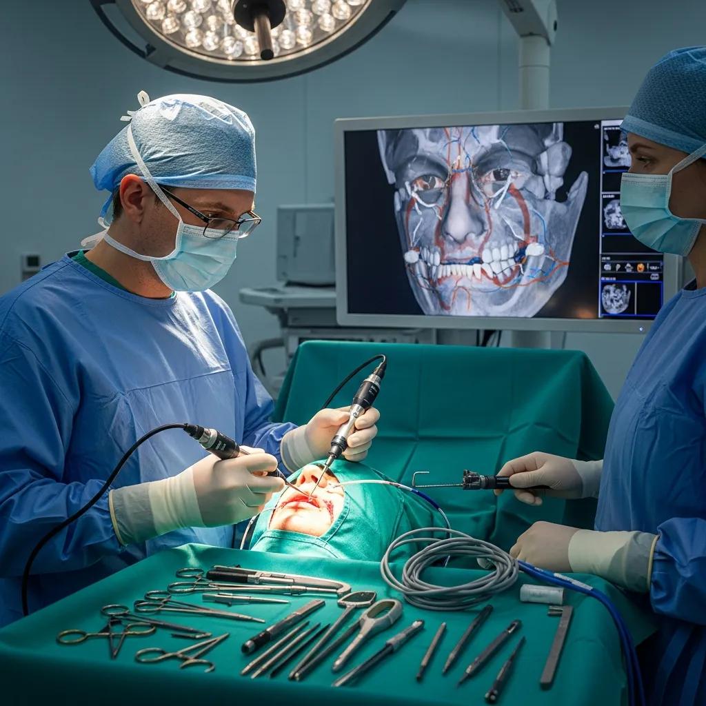 Cirujano maxilofacial operando con herramientas avanzadas en un quir&oacute;fano moderno