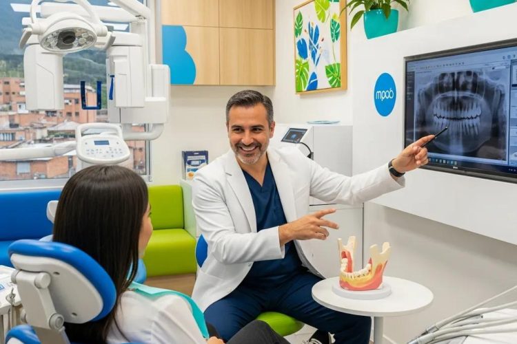 Modern dental clinic in Bogotá with a maxillofacial surgeon consulting a patient