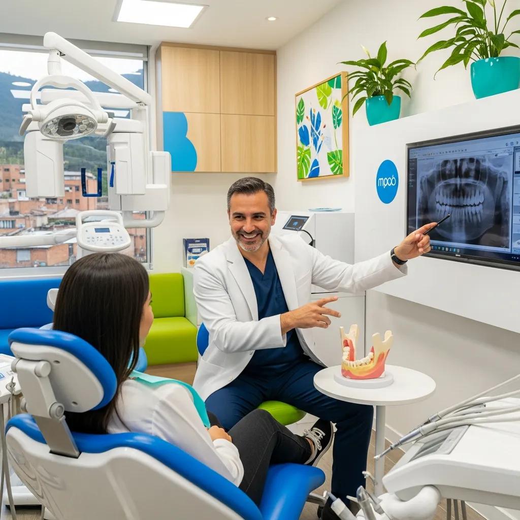 Cirujano maxilofacial consultando a paciente en clínica dental moderna en Bogotá, mostrando radiografía dental en pantalla y modelo de mandíbula.
