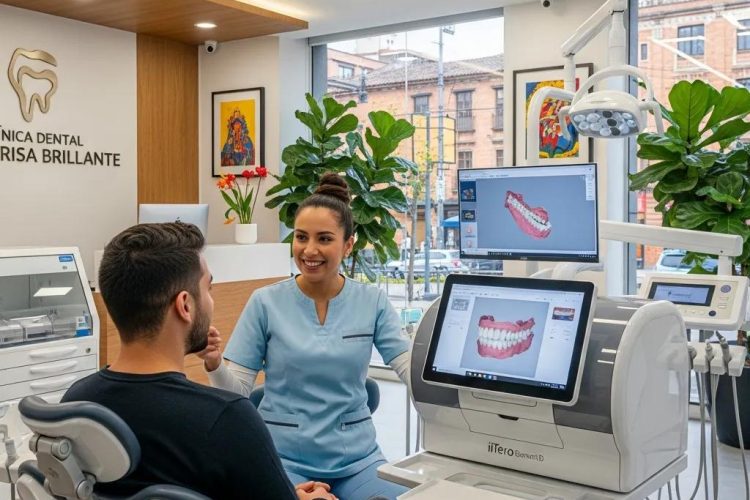 Dentista interactuando con un paciente en La Clínica Dental en Bogotá, mostrando imágenes digitales de diseño de sonrisa en pantallas avanzadas en un entorno moderno y acogedor.