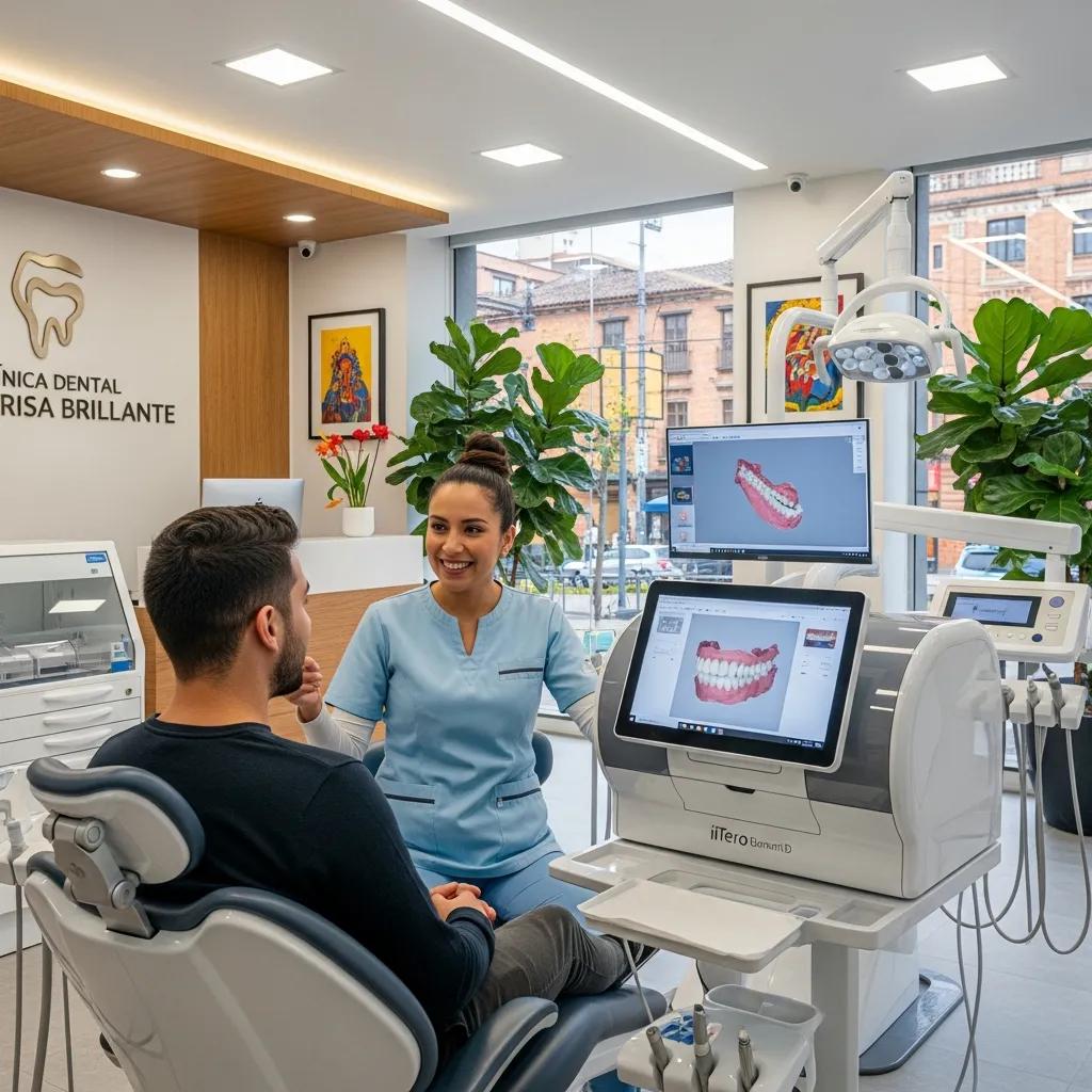 Dentista interactuando con paciente en clínica dental moderna en Bogotá, con equipos digitales avanzados y pantallas mostrando imágenes de dientes.