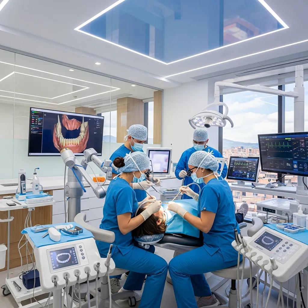 Equipo profesional en clínica dental moderna en Bogotá realizando cirugía maxilofacial avanzada con tecnología de última generación.