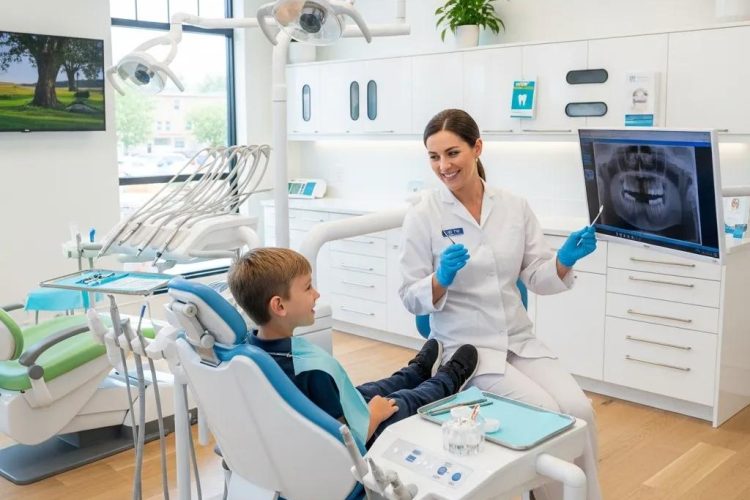 Dentista sonriente mostrando radiografía a niño en clínica dental moderna, enfatizando salud dental y estética.