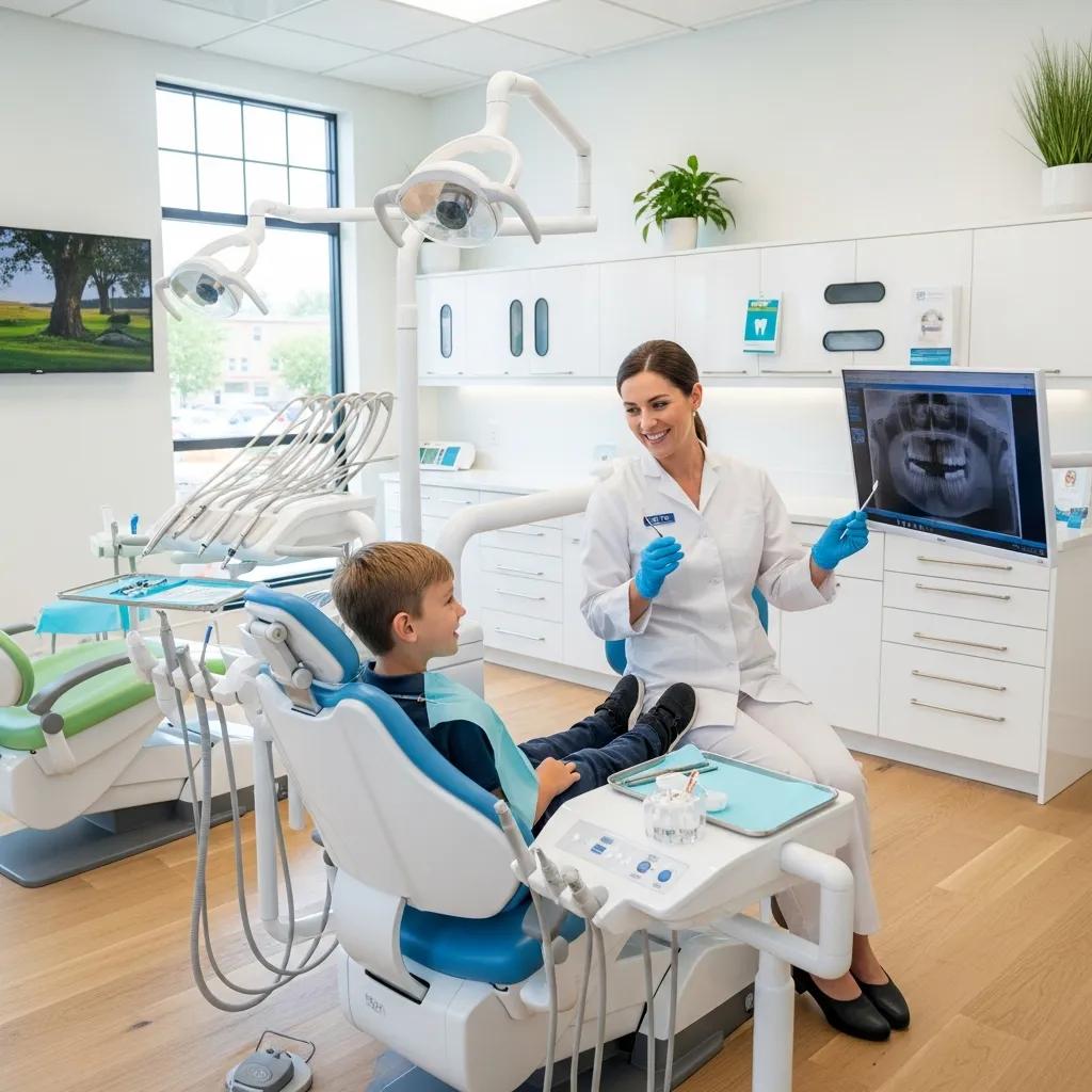 Modern dental clinic interior with a dentist and patient, emphasizing dental health and aesthetics