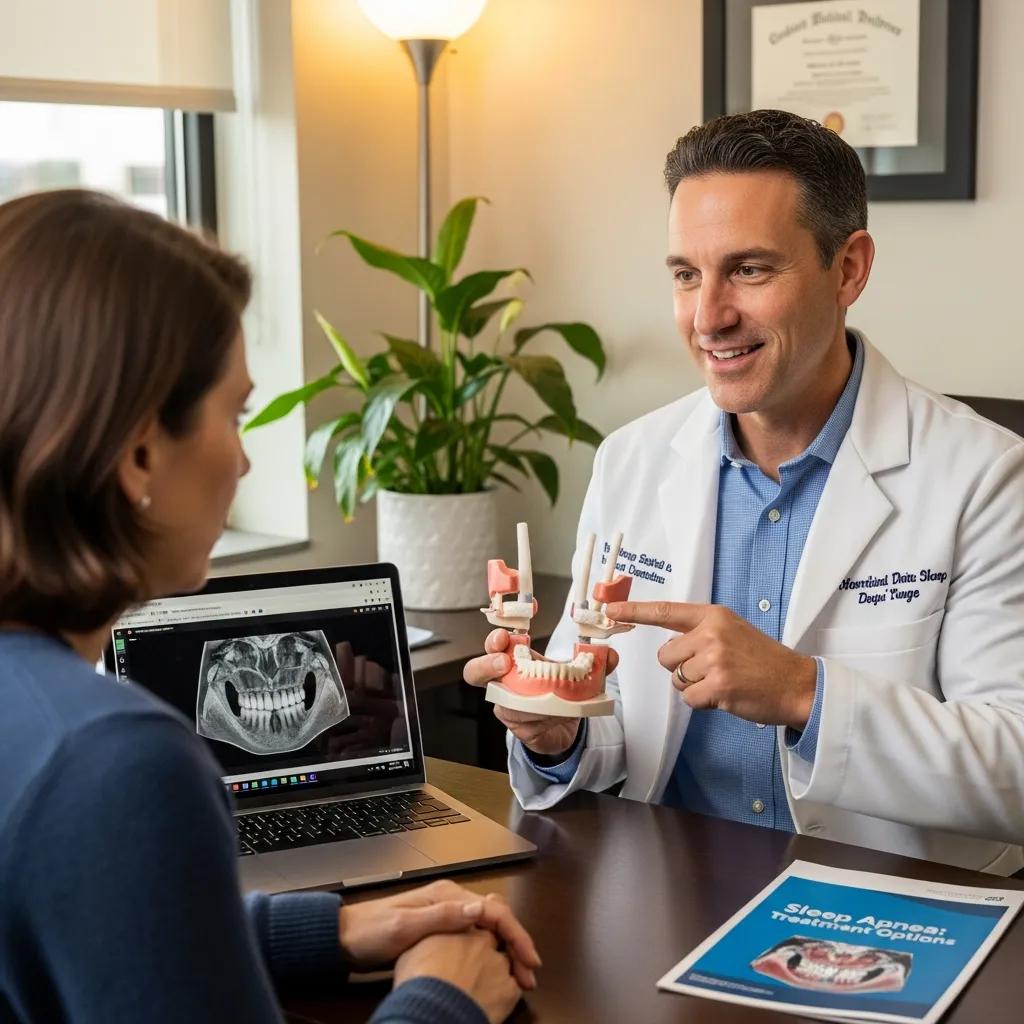 Consulta de paciente sobre cirugía maxilofacial, médico mostrando modelo de mandíbula y radiografía en laptop, enfocándose en apnea del sueño en un entorno clínico cómodo.