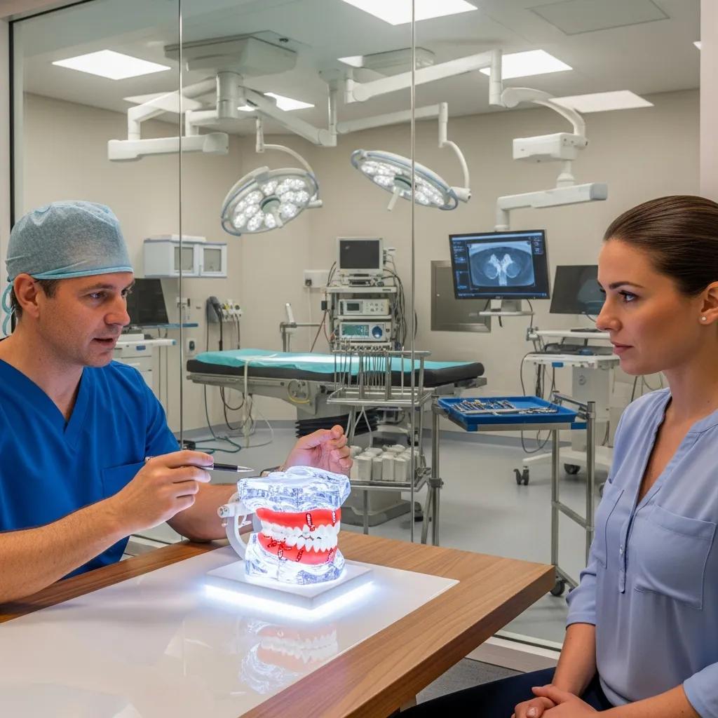 Consulta de paciente para cirugía ortognática con modelo 3D de mandíbula en clínica dental, enfocándose en beneficios estéticos y funcionales.