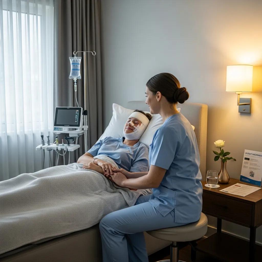 Paciente recuperándose tras cirugía maxilofacial, con enfermera brindando cuidado en clínica dental.