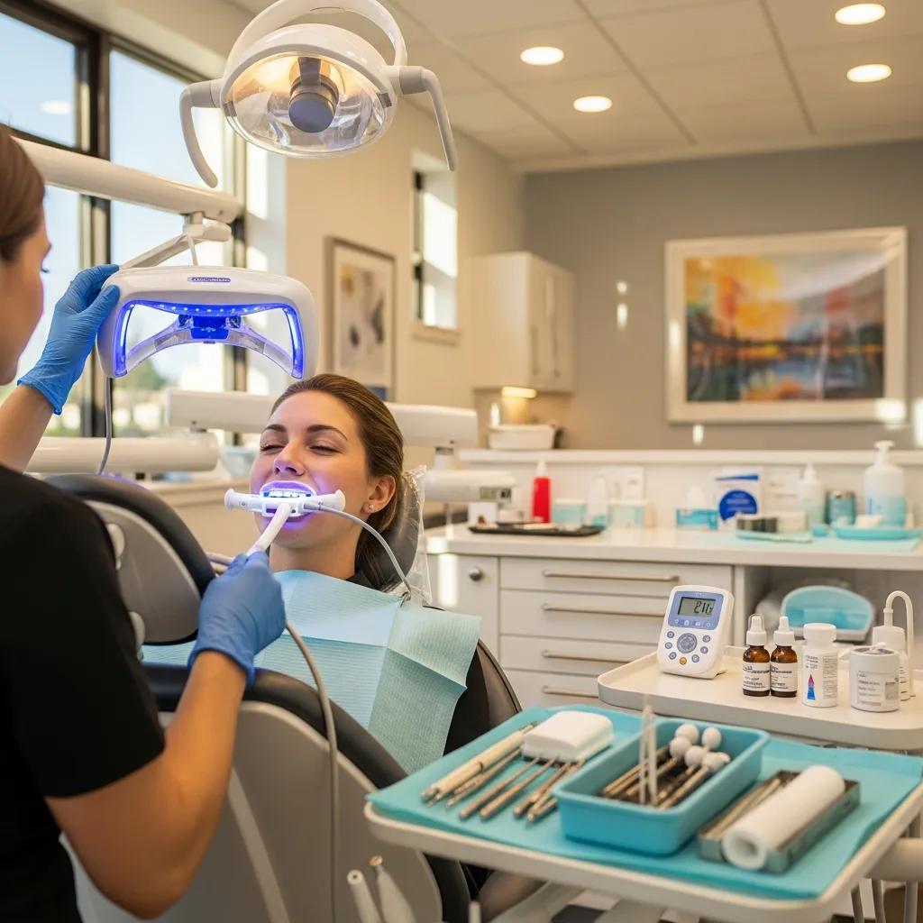 Paciente recibiendo un tratamiento de blanqueamiento dental profesional en una clínica moderna, con equipo especializado y productos de odontología estética.