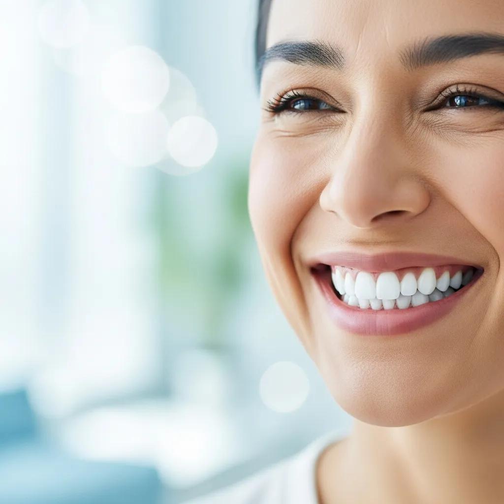 Persona sonriendo con dientes m&aacute;s blancos, resultado de un blanqueamiento dental exitoso