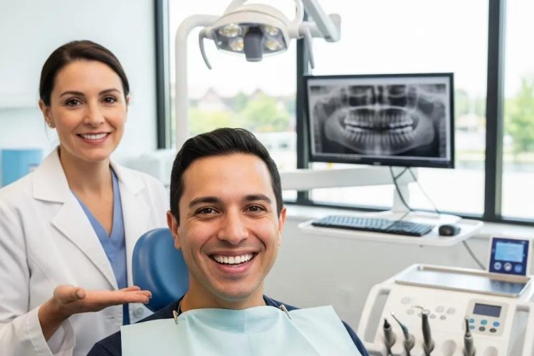 Paciente sonriente en clínica dental con dentista mostrando cuidado y transformación, en contexto de tratamientos estéticos como carillas.