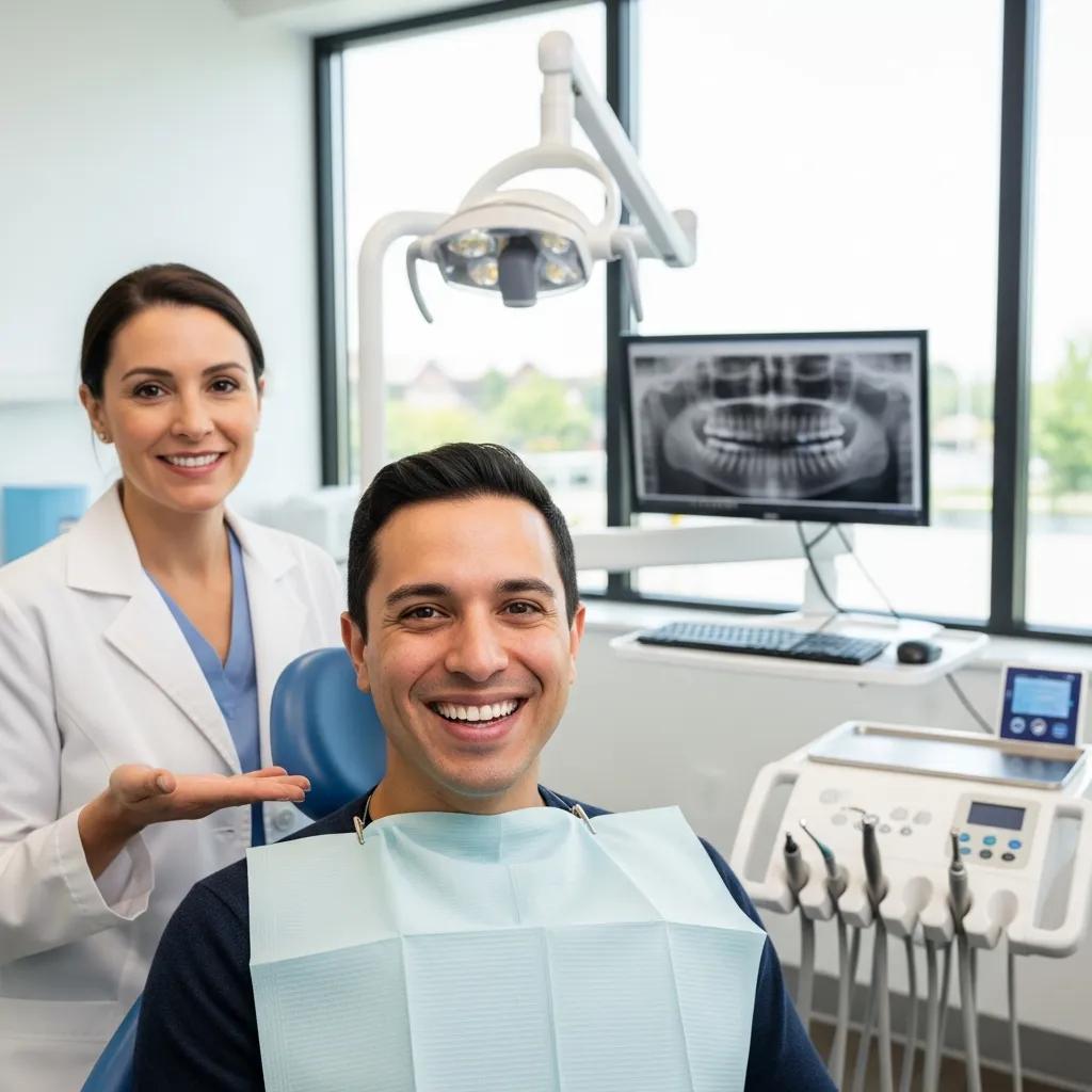 Smiling patient in a dental clinic after maxillofacial surgery, showcasing transformation and care