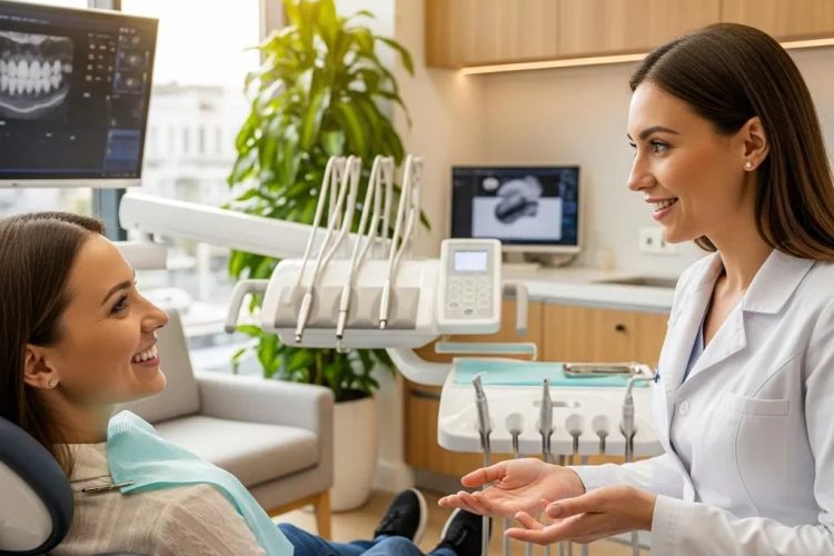 Paciente sonriente en clínica dental conversando con dentista sobre tratamientos de prótesis dentales.