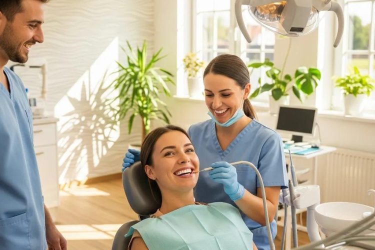 Paciente sonriente recibiendo tratamiento dental estético en La Clínica Dental, rodeada de profesionales en un ambiente moderno y acogedor.