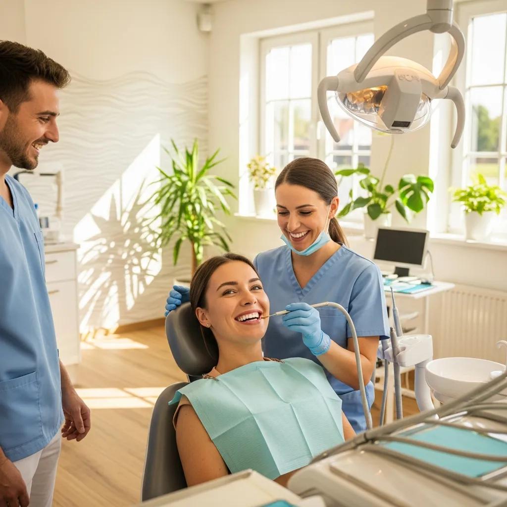 Paciente sonriente recibiendo tratamiento dental estético en La Clínica Dental, Bogotá, con dentistas en un ambiente moderno y luminoso.