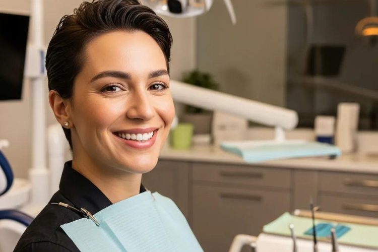 Persona sonriente en clínica dental, mostrando los beneficios de tratamientos estéticos como carillas, ambiente moderno y profesional.