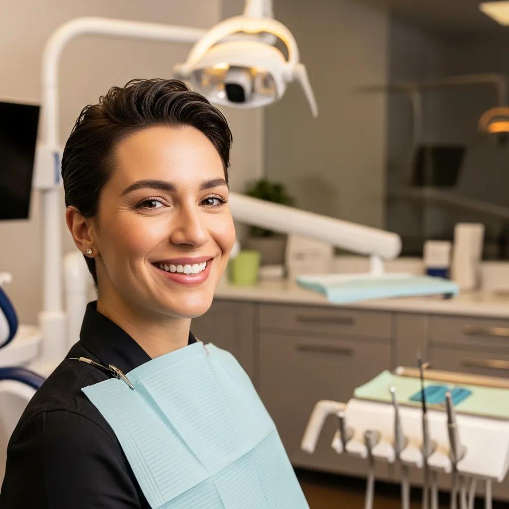 Persona sonriente en una clínica dental, mostrando la calidad de los prostéticos dentales y el ambiente acogedor de La Clínica Dental en Bogotá.