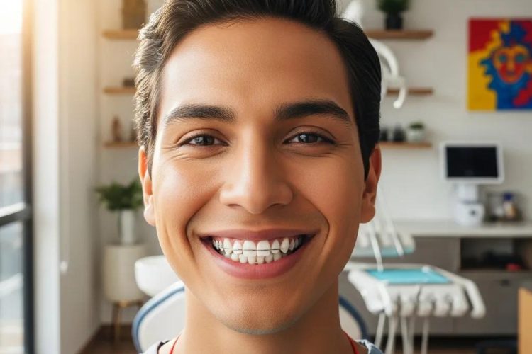 Persona sonriendo con dientes rectos en una clínica dental, destacando los beneficios de la ortodoncia en Bogotá.