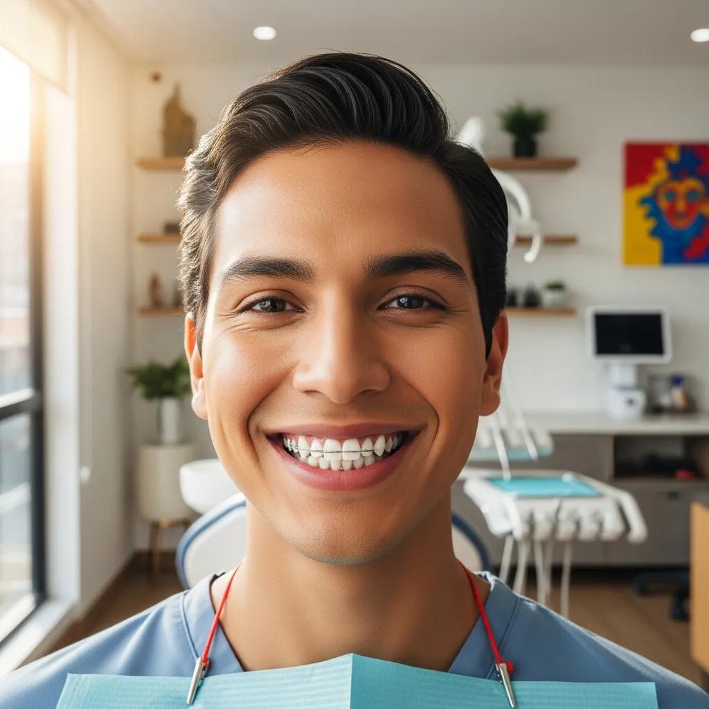 Persona sonriendo con dientes alineados en clínica dental, destacando beneficios de ortodoncia en Bogotá.