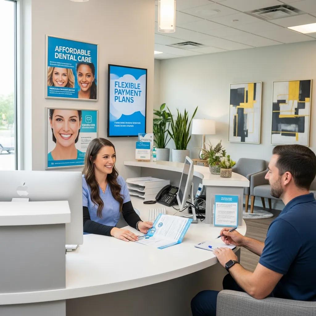 Dental clinic reception discussing financing options with a patient, emphasizing accessibility to dental care