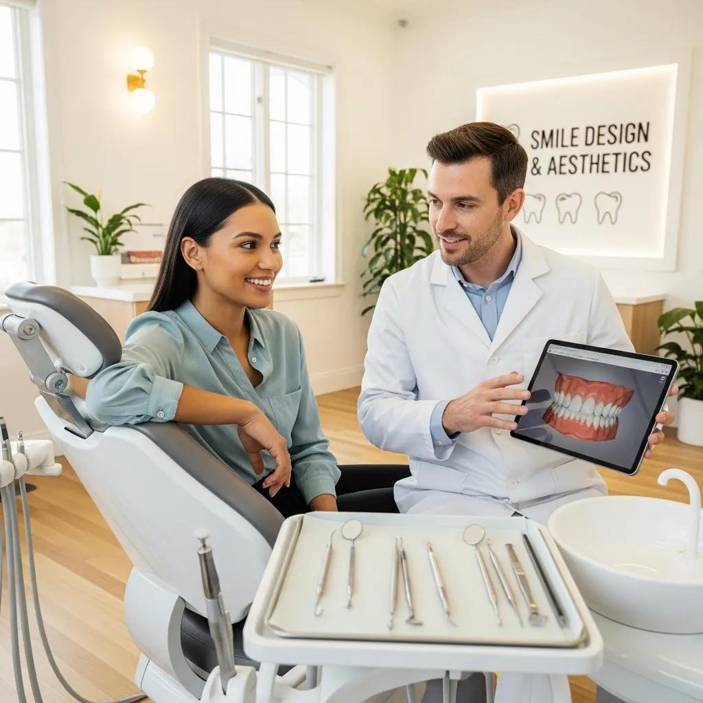 Dental consultation for contact lens veneers in a modern clinic, highlighting patient care and aesthetic dentistry
