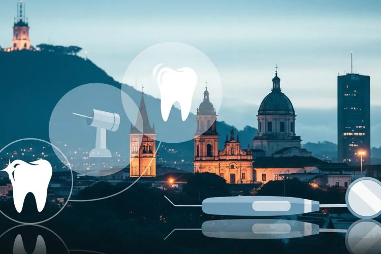 Ilustración de herramientas dentales y un diente sobre el paisaje de Bogotá, destacando la conexión entre tratamientos dentales y la ciudad, representando los servicios de La Clínica Dental.